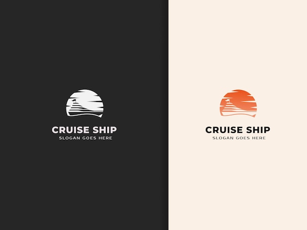 Diseño de logotipo de símbolo de yate y velero en catamarán de crucero de fondo al atardecer