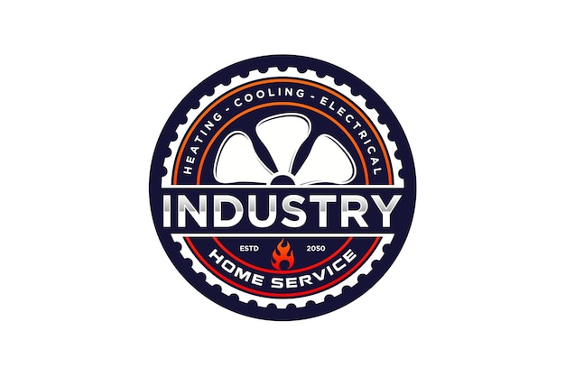 Diseño del logotipo del sistema hvac, ventilador de aire acondicionado y símbolo del icono del equipo de bomberos