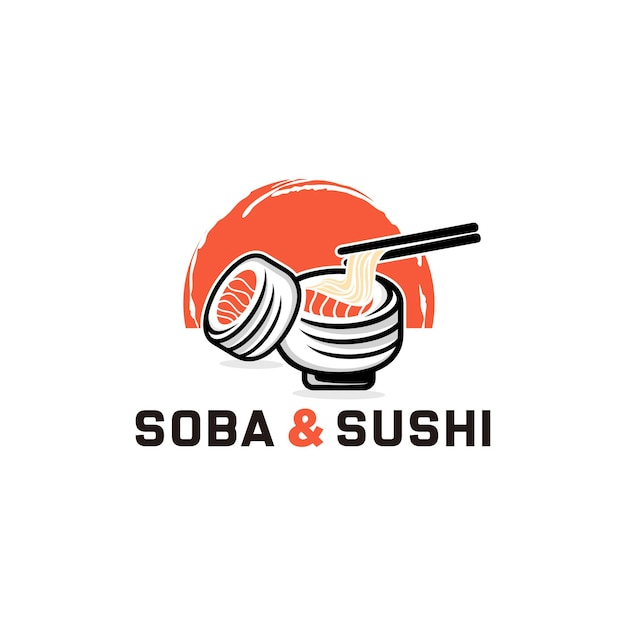 Diseño de logotipo de soba y sushi con café de comida japonesa de sushi de salmón