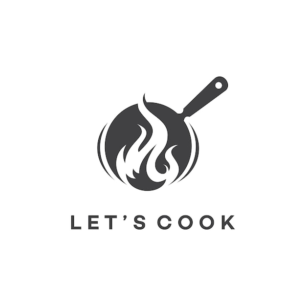 Un diseño de logotipo sofisticado simple pero divertido que muestra una sartén con fuego donde se cocina