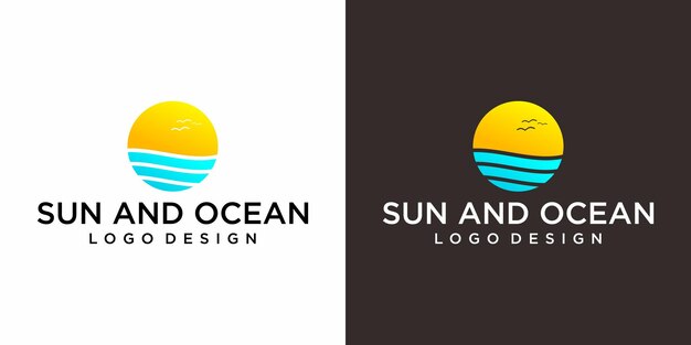 Diseño de logotipo de sol y océano simplista con fondo blanco y negro