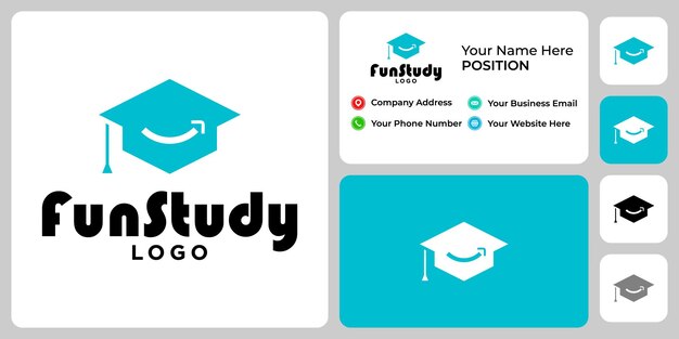 Diseño de logotipo de sombrero académico y sonrisa con plantilla de tarjeta de visita