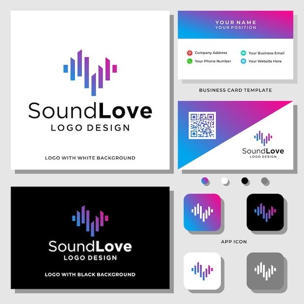 Diseño de logotipo de sonido y amor de audio con plantilla de tarjeta de visita