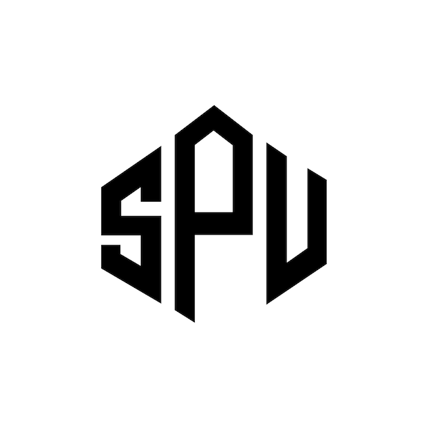 Diseño del logotipo de la SPU con letras en forma de polígono, polígono y cubo, diseño del logotipo en forma de hexágono, plantilla del logotipo vectorial, colores blanco y negro, monograma de SPU, logotipo de negocios y bienes raíces.