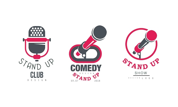 Diseño del logotipo del Stand up Club Set de espectáculos de comedia Insignias retro Emblemas Ilustración vectorial