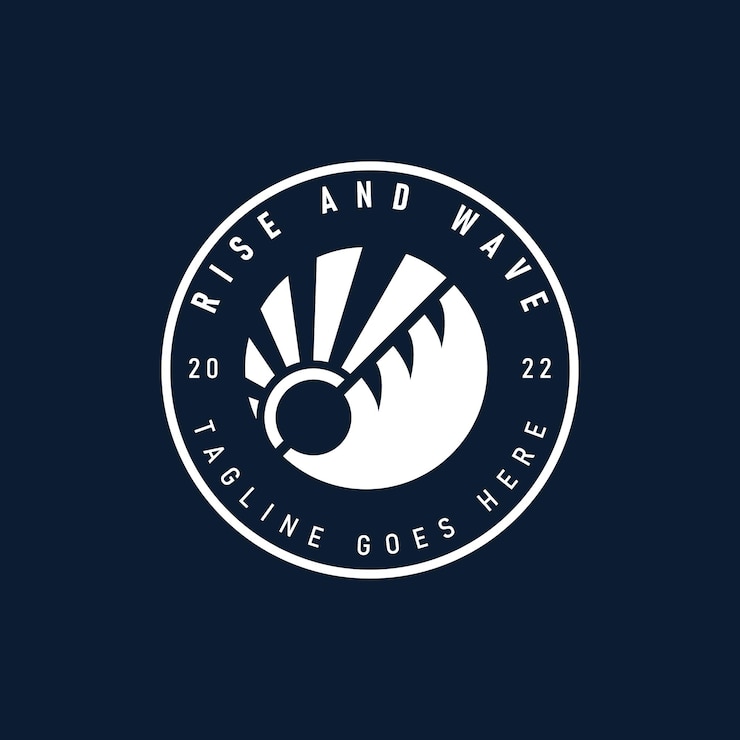 Vector diseño de logotipo de subida y ola con silueta de sol y ola. ilustración de vector de emblema de logotipo de aventura