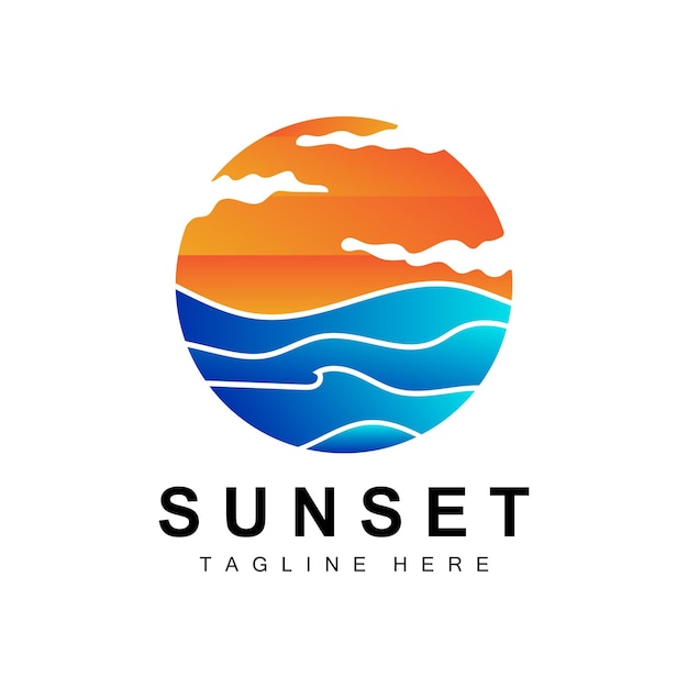 Diseño de logotipo de sunset beach ilustración de paisaje marino vector de lugar de vacaciones de día rojo