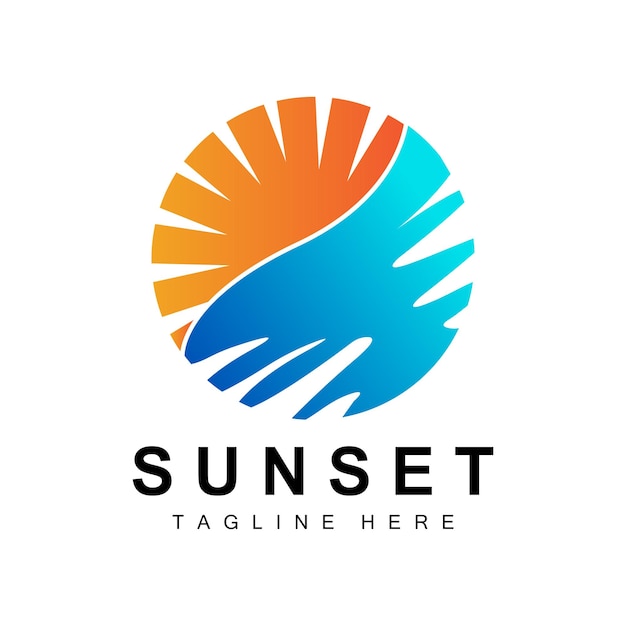 Diseño de logotipo de Sunset Beach Ilustración de paisaje marino Vector de lugar de vacaciones de día rojo