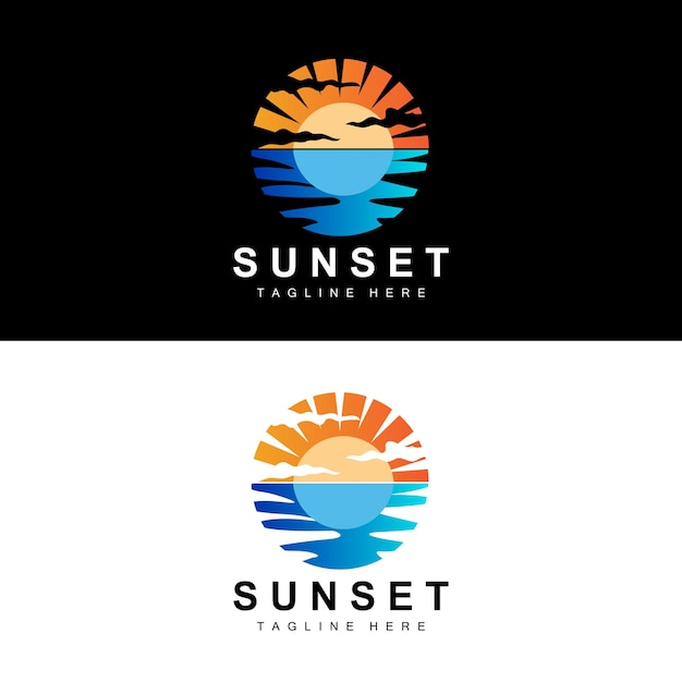 Diseño de logotipo de sunset beach ilustración de paisaje marino vector de lugar de vacaciones de día rojo