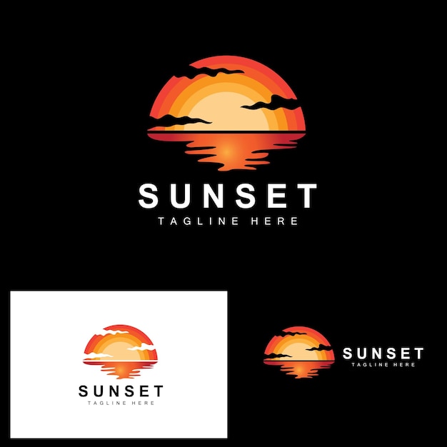 Diseño de logotipo de Sunset Beach Ilustración de paisaje marino Vector de lugar de vacaciones de día rojo