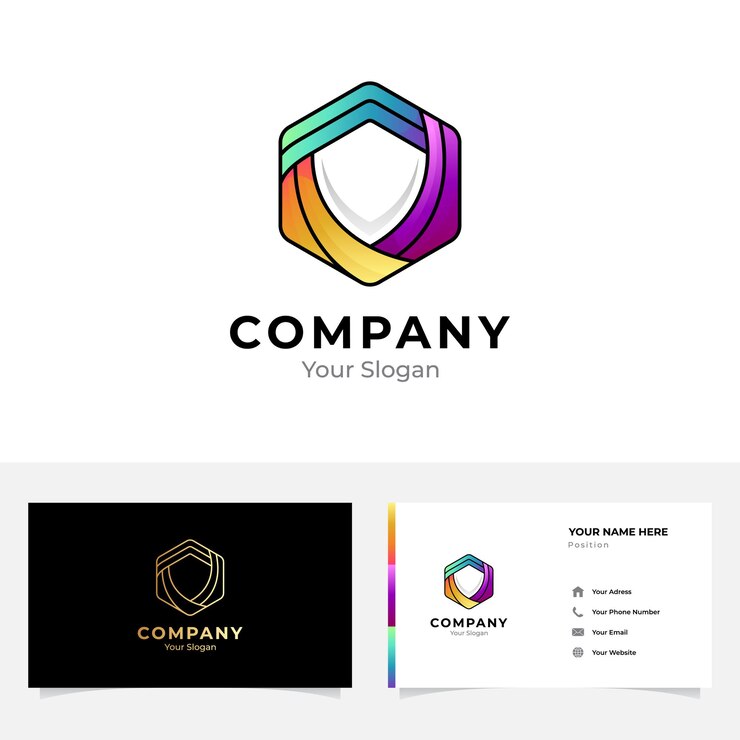 Vector diseño de logotipo y tarjeta de presentación con escudo hexagonal