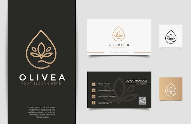 Diseño de logotipo y tarjeta de presentación con gota de agua / aceite de oliva