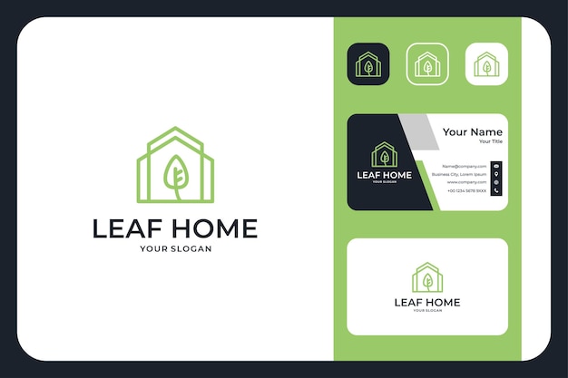 Diseño de logotipo y tarjeta de visita de green leaf home line art