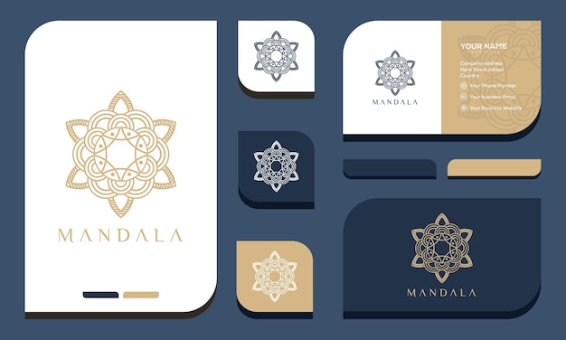 Diseño de logotipo y tarjeta de visita de lujo plano abstracto flor mandala elegante adorno dorado