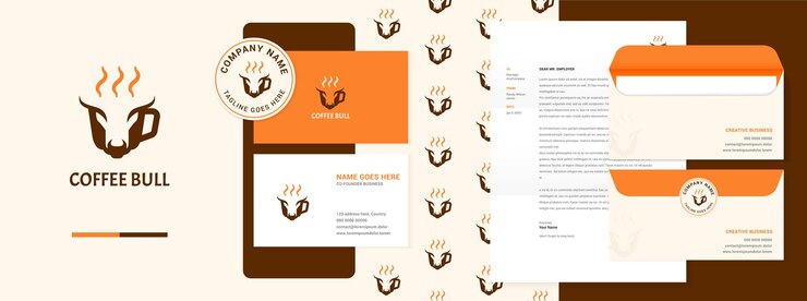 Vector diseño de logotipo de taza de café o té con diseño de marca de cara de toro con etiqueta de sobre de patrón de membrete de tarjeta de visita