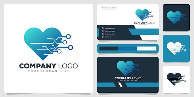 Diseño de logotipo de tecnología de amor y tarjeta de visita