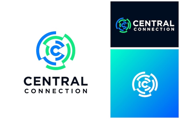 Diseño de logotipo de tecnología de conexión de núcleo central circular de círculo de letra inicial moderna C