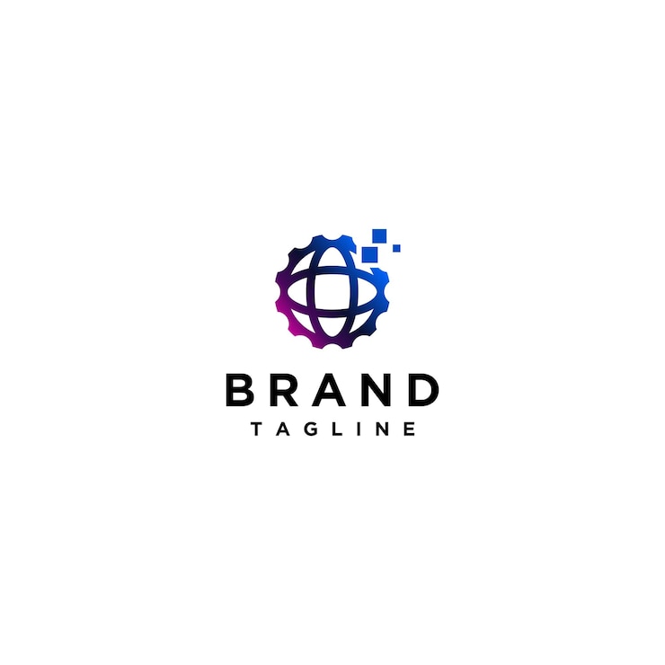 Vector diseño de logotipo de tecnología digital global. símbolo mundial con acentos de engranajes y píxeles digitales.