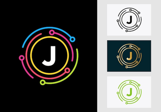 Diseño de logotipo de tecnología de letra J. Símbolo de logotipo de red