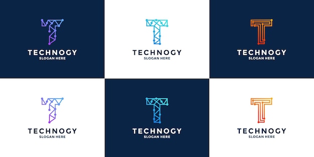 Diseño de logotipo de tecnología de letra t combinación de letra inicial con datos, píxeles, para tecnología