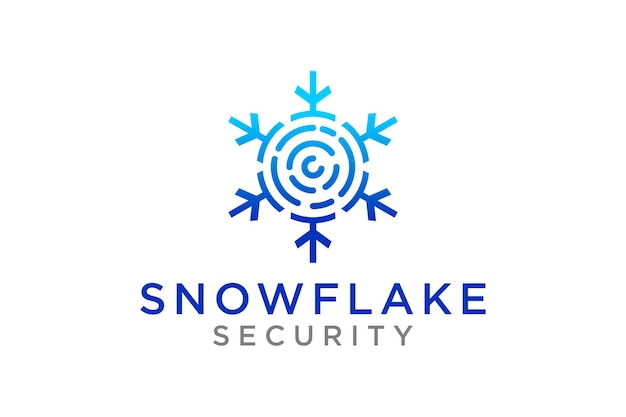 Diseño del logotipo de la tecnología de seguridad cibernética en forma de huella dactilar y símbolo de copo de nieve