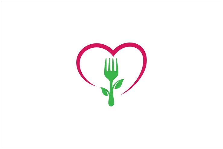Diseño del logotipo del tenedor con combinación de hoja y corazón