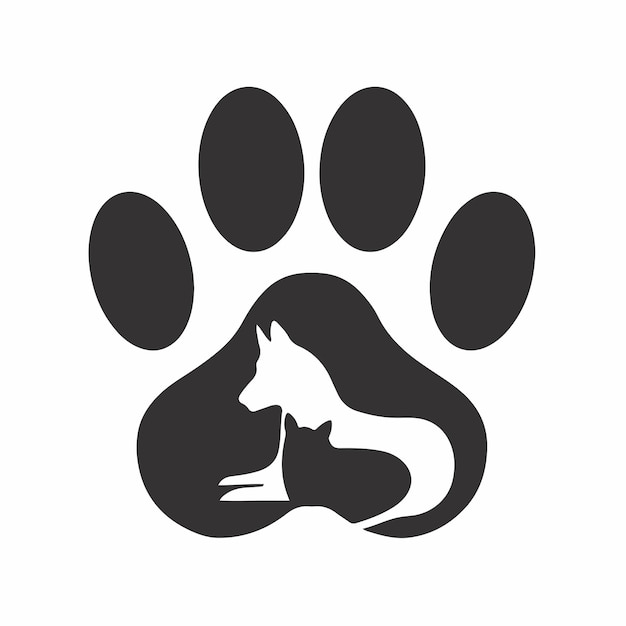 Diseño de logotipo de tienda de mascotas con perro y gato en medio de patas de perro Ilustración de vector de plantilla animal