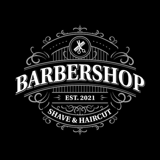 Diseño de logotipo de tipografía victoriana vintage adornado de barbería con marco de floritura ornamental decorativo