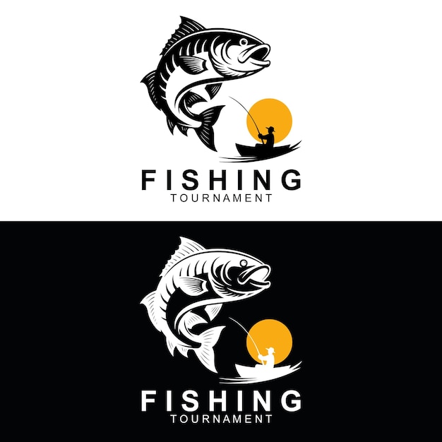 Diseño del logotipo del torneo de pesca Silhueta de pescador de salto de pez salto de agua