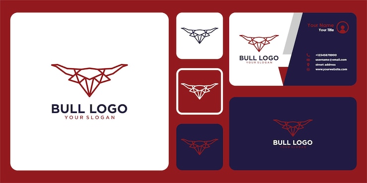 Vector diseño de logotipo de toro con arte lineal y tarjeta de visita.