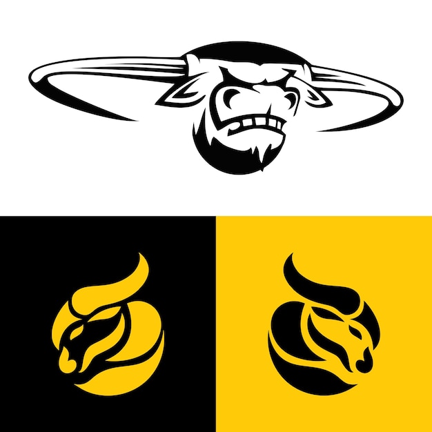 diseño de logotipo de toro sobre fondo amarillo, blanco y negro