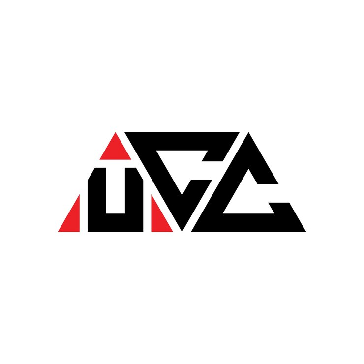 Vector el diseño del logotipo del triángulo ucc con forma de triángulo, el diseño del monograma del logotipo ucc con triángulo vectorial, la plantilla del logotipo con color rojo, el logotipo triangular de ucc, el diseño de logotipo de ucc elegante y lujoso.