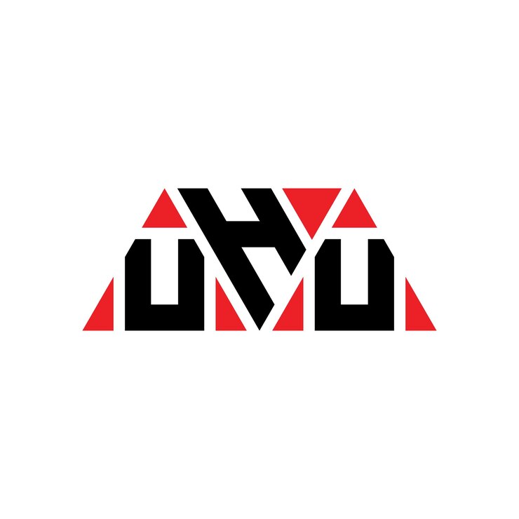 Vector el diseño del logotipo del triángulo uhu con forma de triángulo, el diseño del monograma del logotipo uhu con triángulo vectorial, la plantilla del logotipo con color rojo, el logotipo triangular de uhu, el diseño de logotipo de uhu elegante y lujoso.