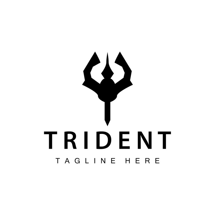 Vector el diseño del logotipo del tridente, la lanza, el vector del arma, el rey del mar, poseidón, la plantilla del símbolo de neptuno.