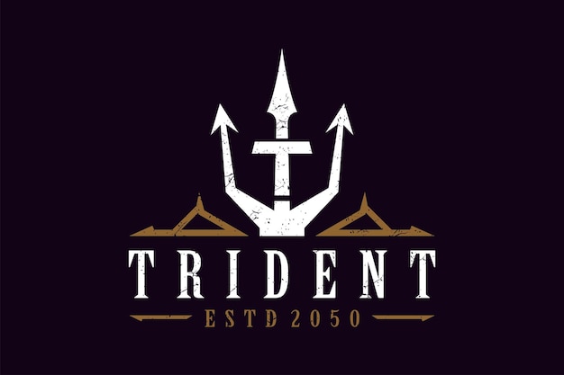 Diseño del logotipo del Tridente Vintage Lanza de Poseidón Neptuno Dios Tritón Rey