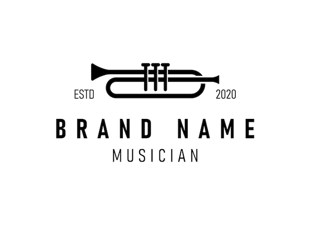 Diseño de logotipo de trompeta, generar melodía, ilustración de boceto de vector de instrumento de jazz musical