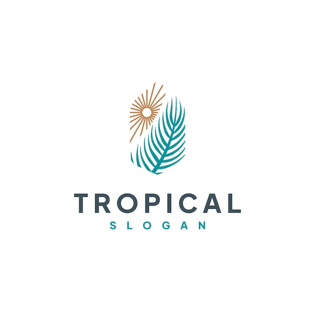 Diseño de logotipo tropical, insignia de ilustración de vector de hoja de palma y luz solar