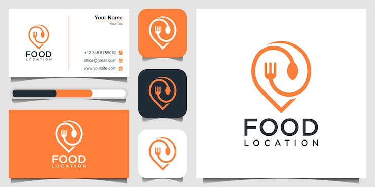 Vector diseño de logotipo de ubicación de alimentos, con el concepto de un pin y una tarjeta de visita