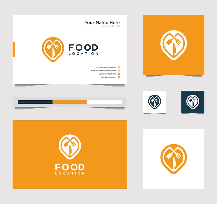 Diseño de logotipo de ubicación de alimentos y horquilla de símbolo de tarjeta de visita