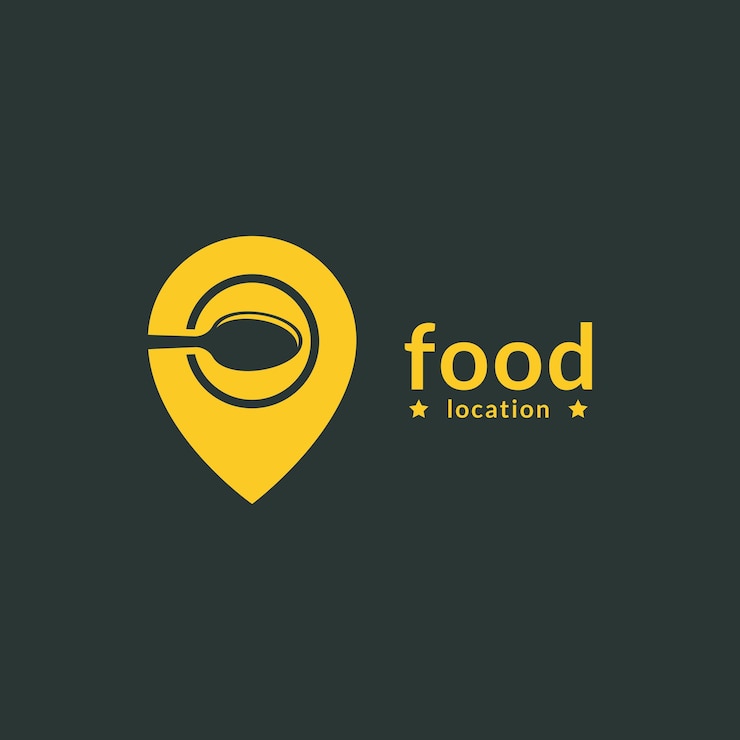 Vector diseño de logotipo de ubicación de alimentos, con pines, tenedores.