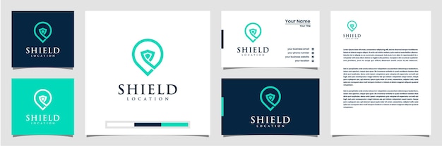 Diseño de logotipo de ubicación de escudo creativo, con el concepto de una tarjeta de presentación con logotipo de pin y membrete