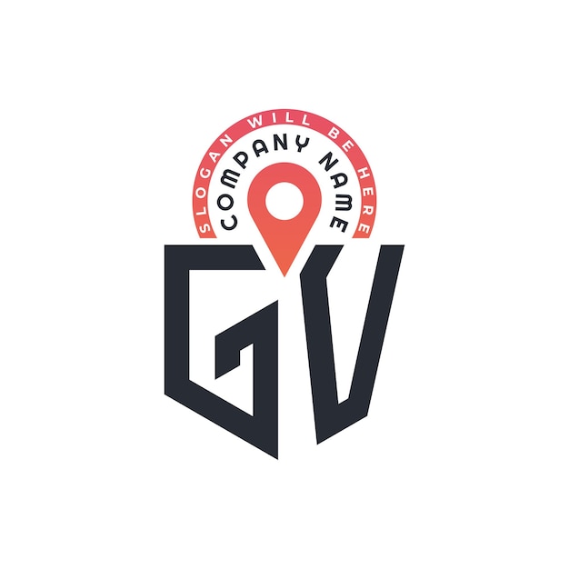 Diseño de logotipo de ubicación de GV para reclutamiento de recursos humanos y navegación Carta Logotipo de GV con icono de ubicación para negocios y tecnología