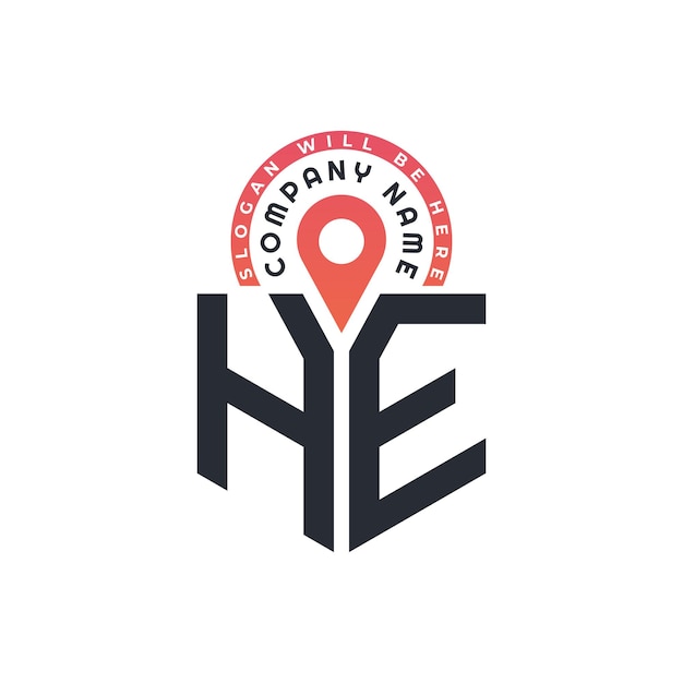 Diseño del logotipo de la ubicación de HE para la contratación de recursos humanos y la carta de navegación El logotipo de HE con icono de ubicación para negocios y tecnología