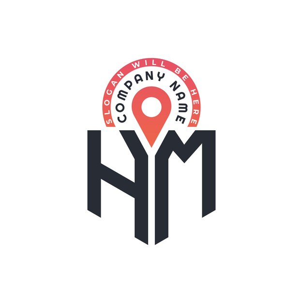 Diseño de logotipo de ubicación de HM para reclutamiento de recursos humanos y carta de navegación Logotipo de HM con icono de ubicación para negocios y tecnología