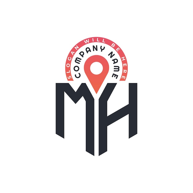Diseño del logotipo de ubicación de MH para el reclutamiento de recursos humanos y la carta de navegación Logotipo de MH con icono de ubicación para negocios y tecnología