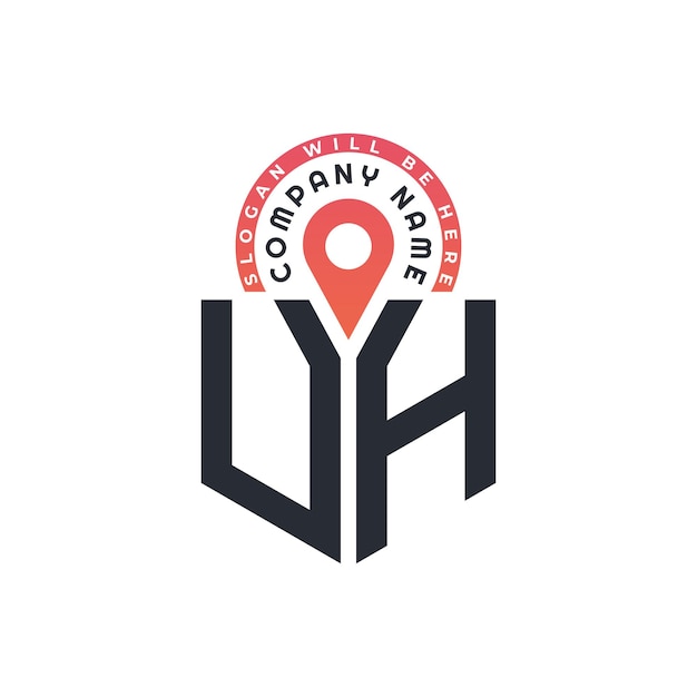 Diseño de logotipo de ubicación de UH para reclutamiento de recursos humanos y navegación Carta Logotipo de UH con icono de ubicación para negocios y tecnología