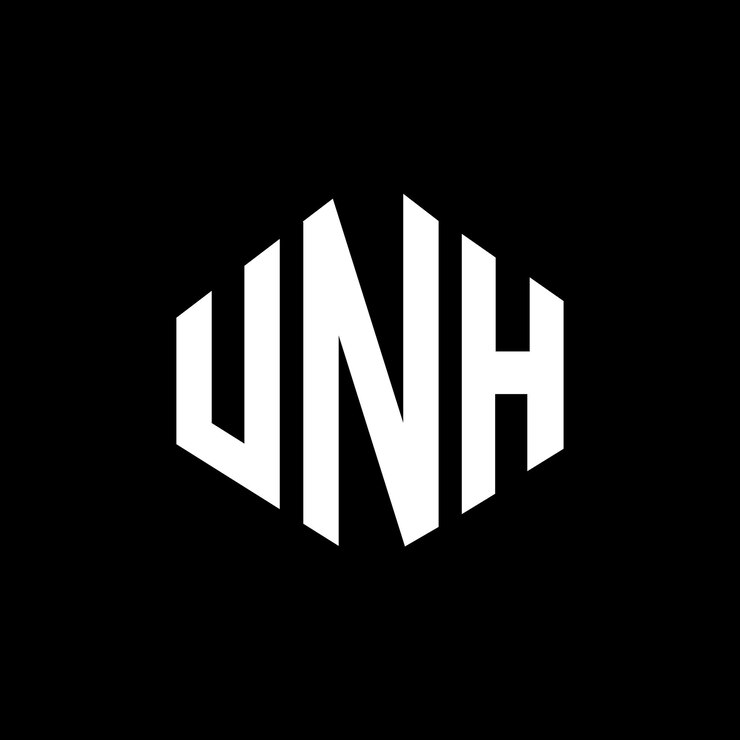Vector diseño del logotipo de la unh con letras en forma de polígono, polígono y cubo, diseño del logotipo en forma de hexágono, patrón del logotipo vectorial, colores blanco y negro, monograma de unh, logotipo de negocios y bienes raíces.