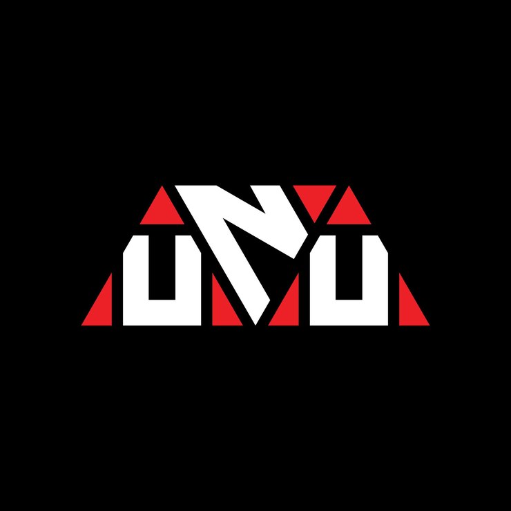Vector el diseño del logotipo de la unu con letras triangulares en forma de triángulo, el diseño del monograma del logotipo del unu con triángulo vectorial en color rojo, el logotipo triangular simple, elegante y lujoso.