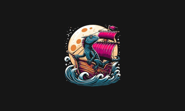 Diseño del logotipo del vector de un barco montado en un lagarto en el mar