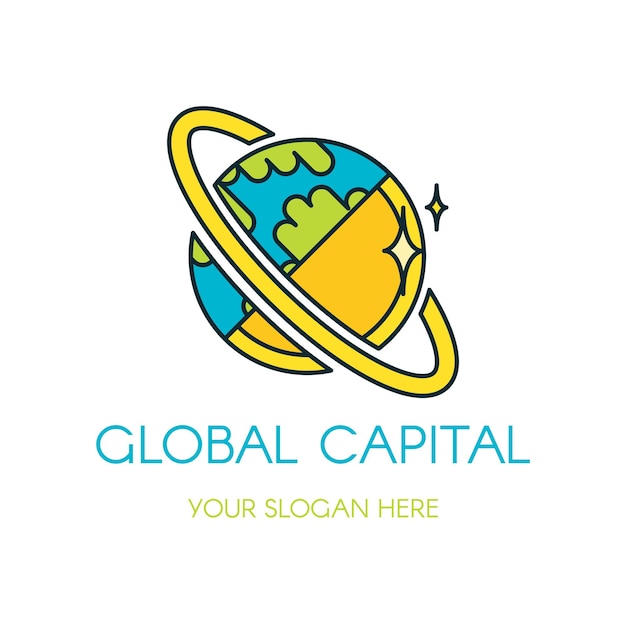 Vector diseño de logotipo de vector de capital global. planeta de dibujos animados, tierra. finanzas planas, logotipo de la empresa bancaria.